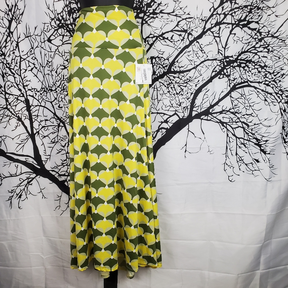 LuLaRoe Maxi Skirt Olive Green & Neon Yellow Heart
